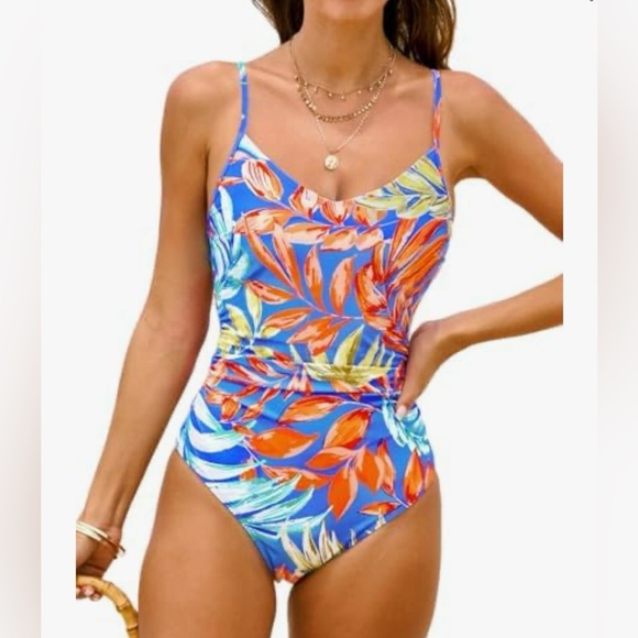 Tropical Blue and Orange Cupshe Swimsuit One piece NWT Medium Open Back - Picture 1 of 8